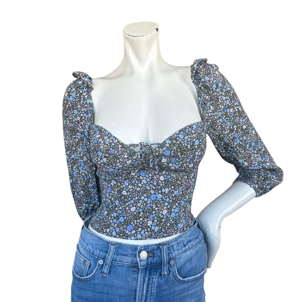 Aritzia Wilfred Nouvella Blue & Green Floral Print Cropped Milkmaid Blouse XXS